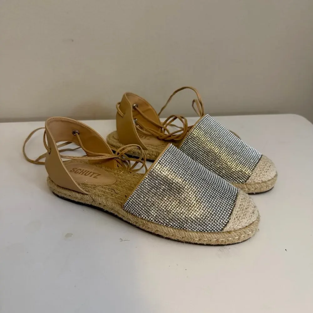 Schutz Crystal Lace-Up Espadrilles 7B Tan Silver Rhinestone Summer Flat Resort
